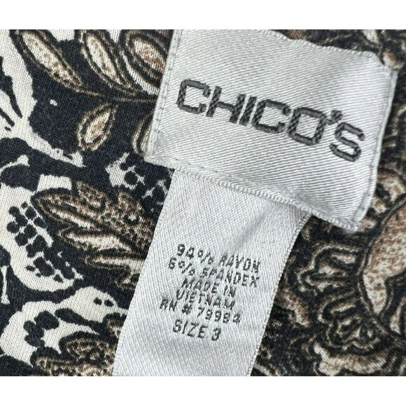 Chicos Women's Top XL V Neck Mixed Media Animal Cheetah Black Brown Stretch 3/4 - Picture 3 of 6